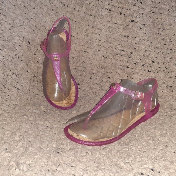 KATE SPADE-Yari-Pink Shimmer Jelly Rubber-Cork T-Strap Sandals-Sz 6-Excellent - Picture 1 of 7